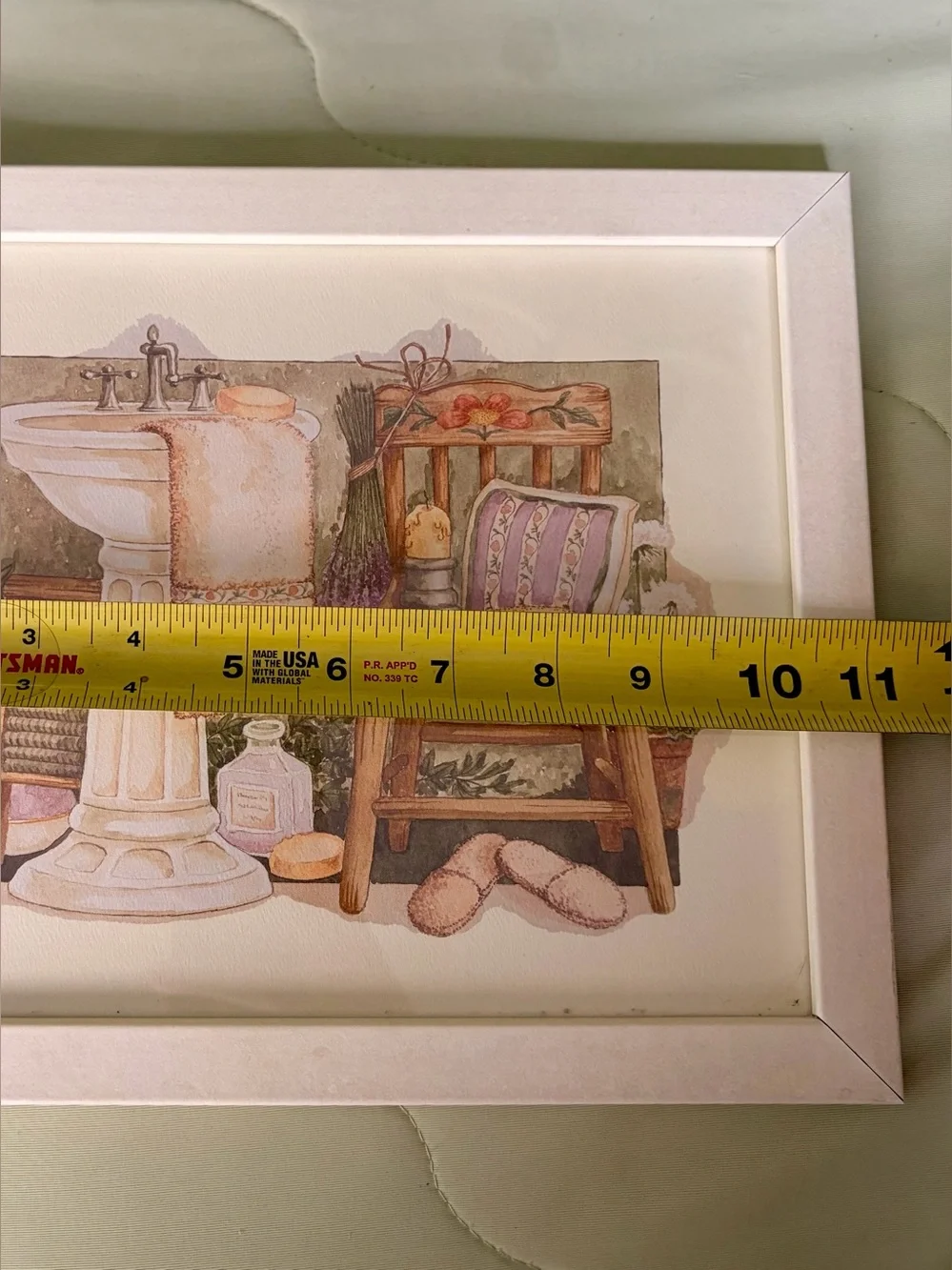 Framed Vintage Still Life Woman's Bathroom Scene Lavendar, Sink, Slippers